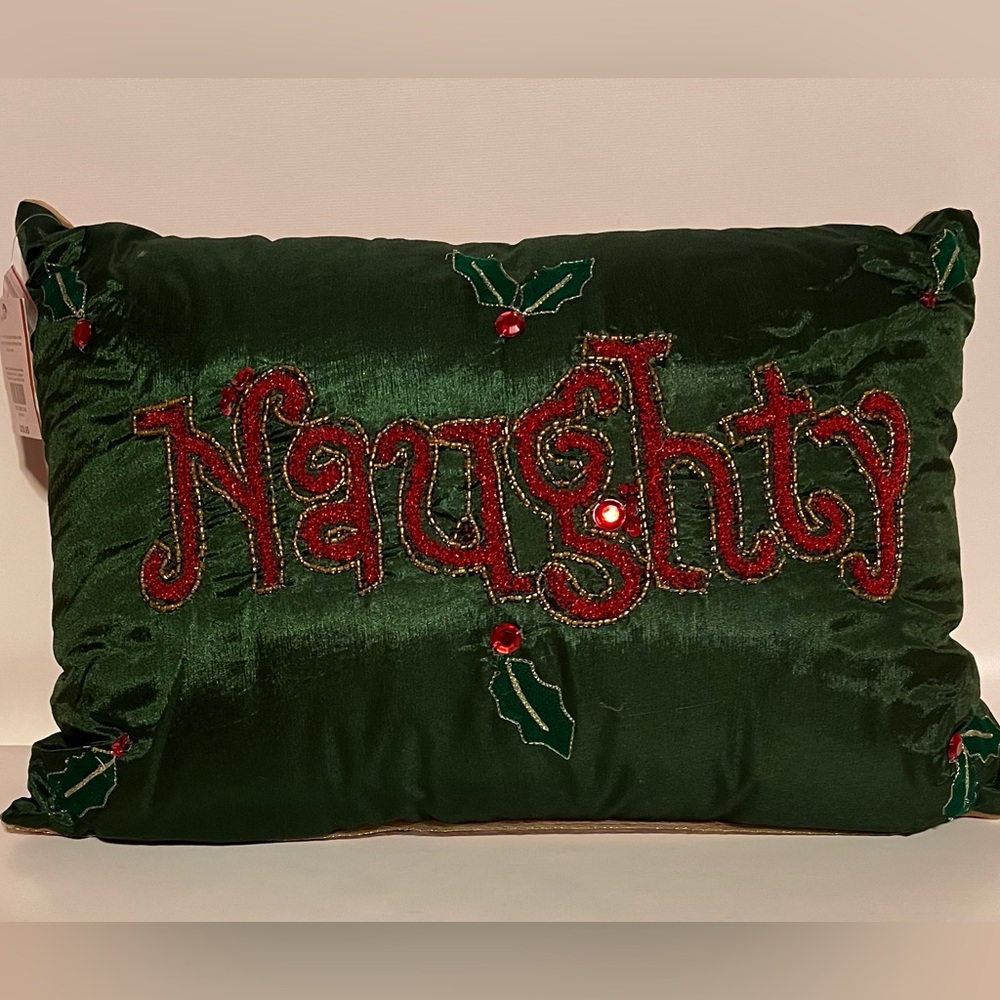 Naughty and Nice Festive Green and Red Holiday Pillow